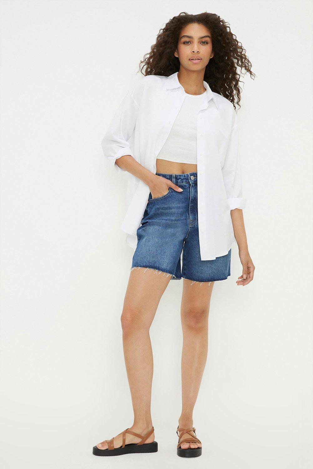 Babyhug Washed Denim Mid Thigh Shorts With Stretch - Coral main image 0