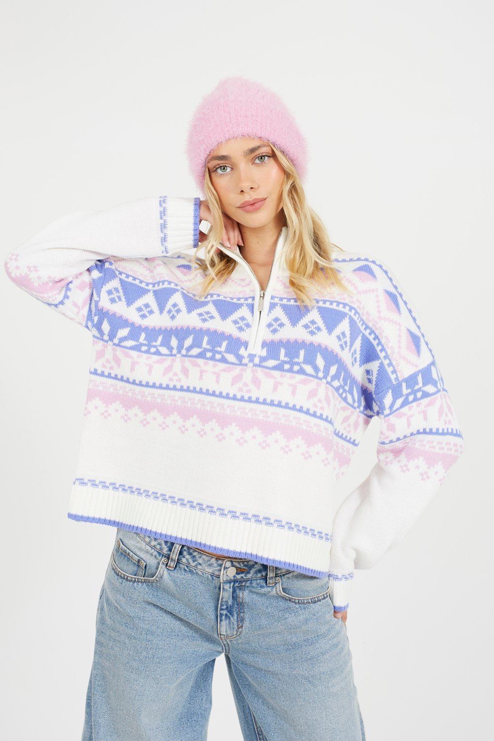White Fairisle Half Zip Christmas Jumper