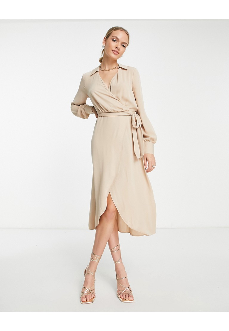 asos design collared wrap midi dress with tie belt