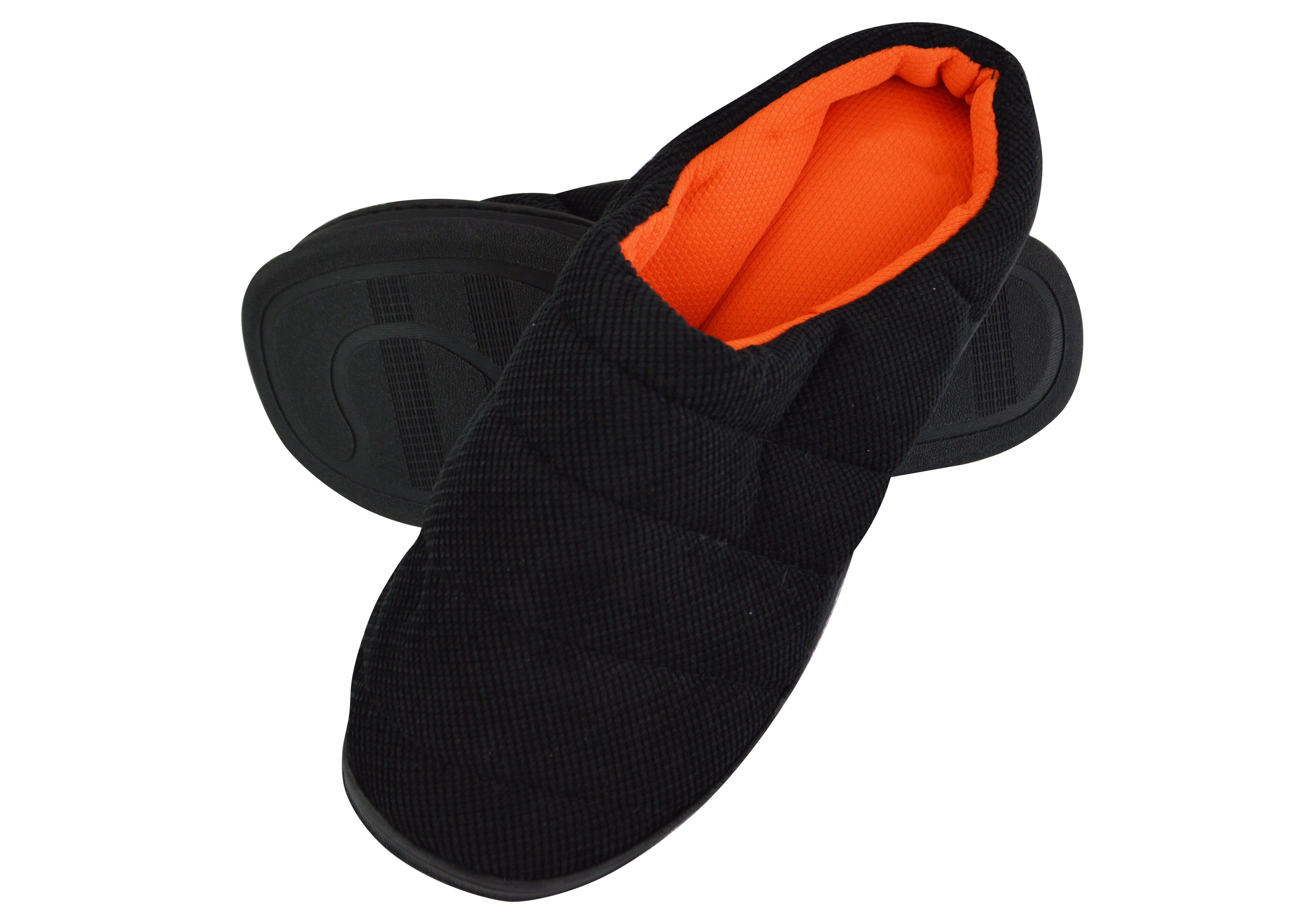 Mens Soft Quilted Padded Black Slippers with Mule Open Back Black