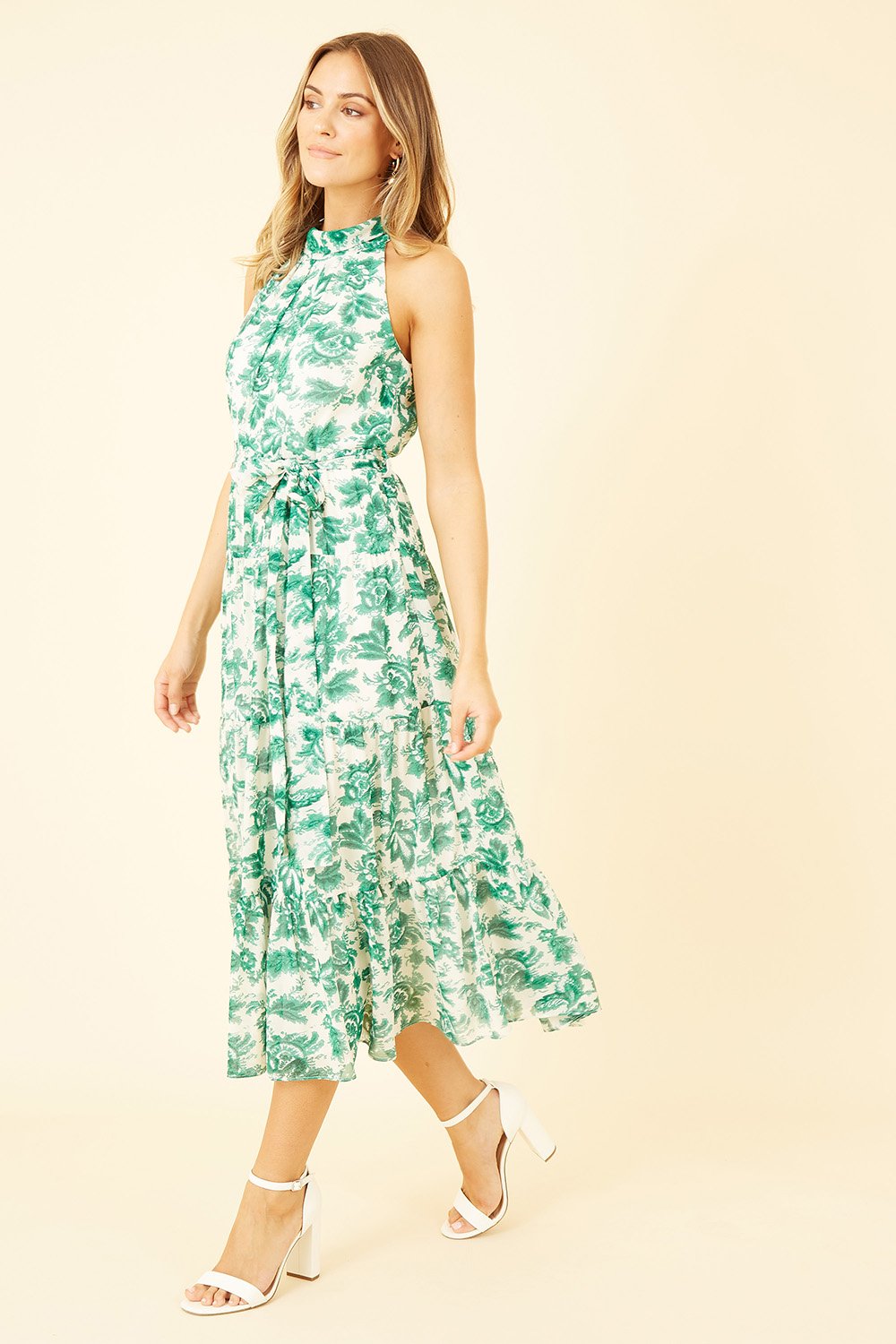 Lace Detail Halter Midi Dress in Green