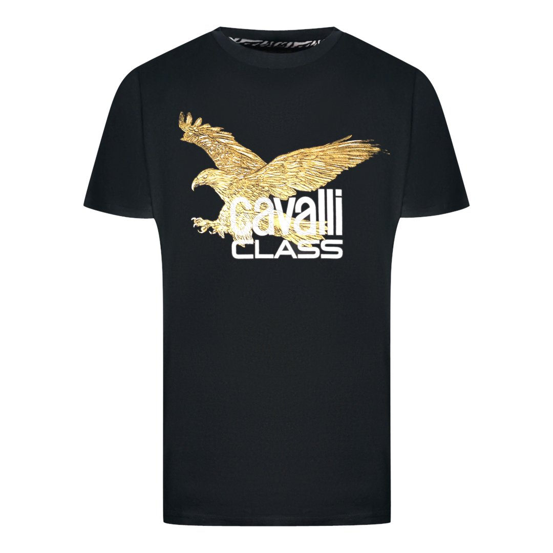 Cavalli Class Vibrant Floral Logo Black T-Shirt