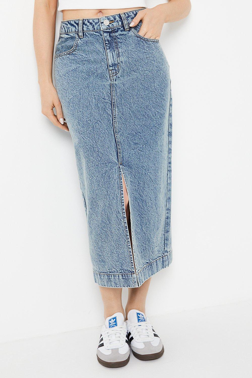 Drawstring Stitch Detail Denim Midi Skirts