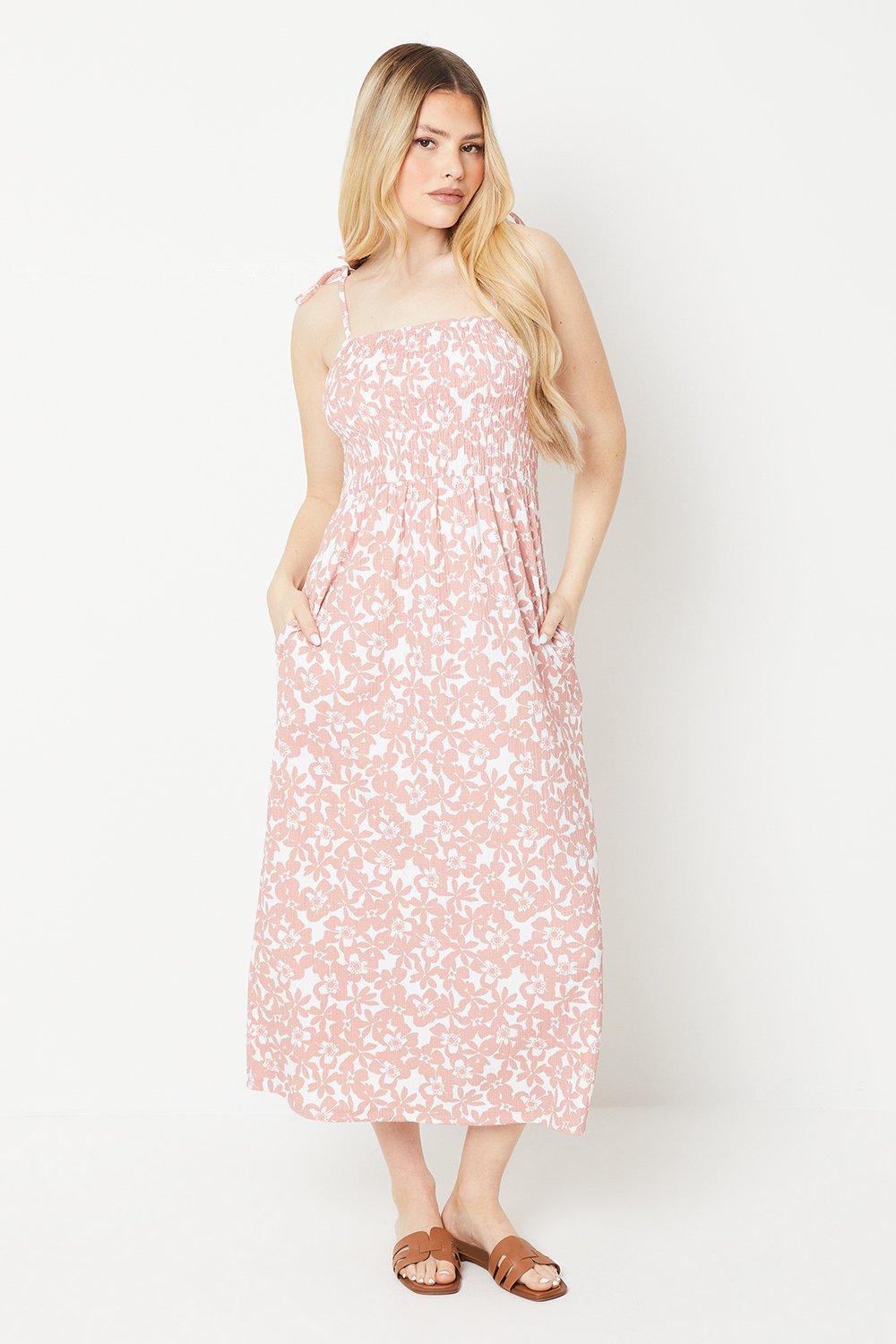 Floral Shirred Strappy Midi Dress