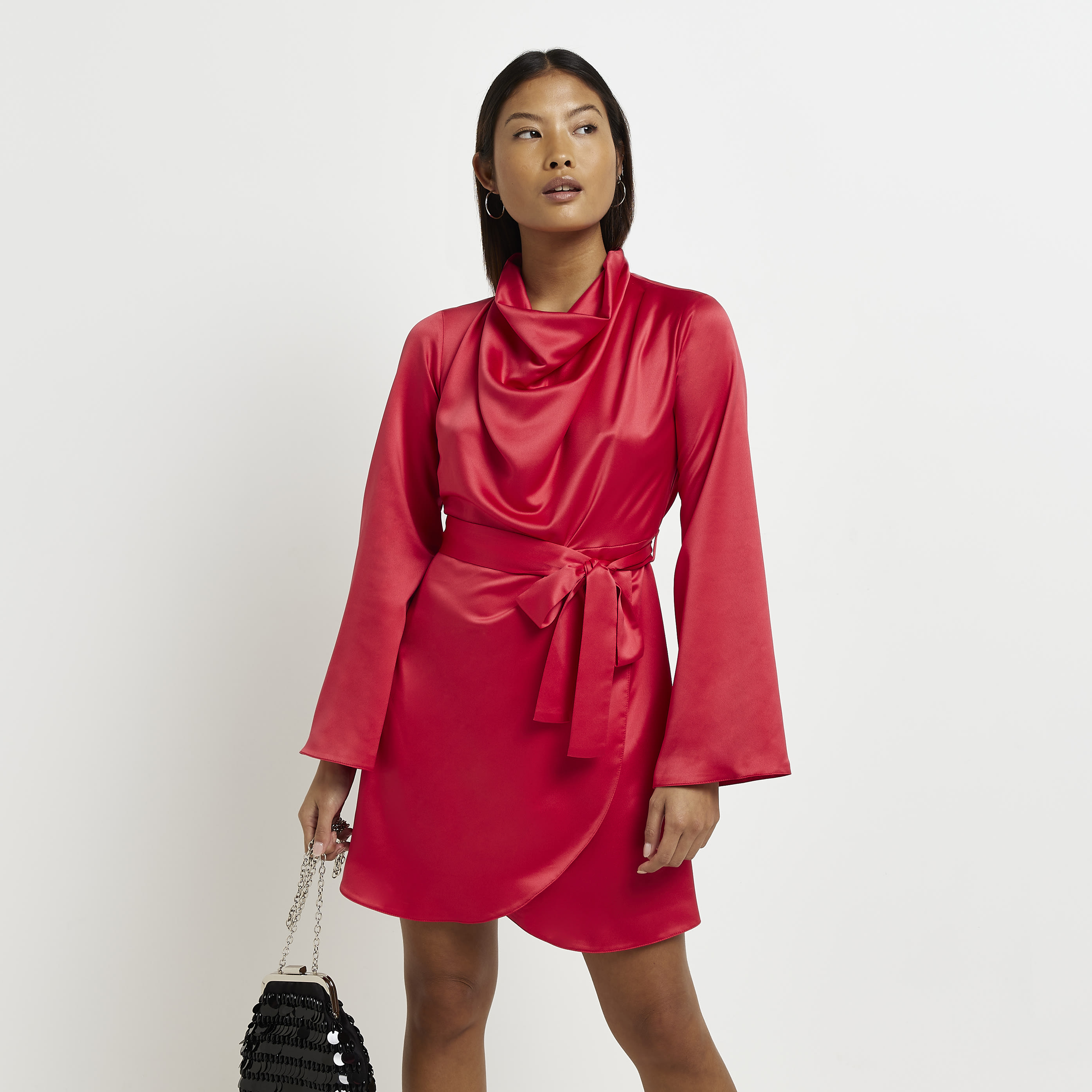 river-island-womens-mini-dress-petite-red-satin-high-neck