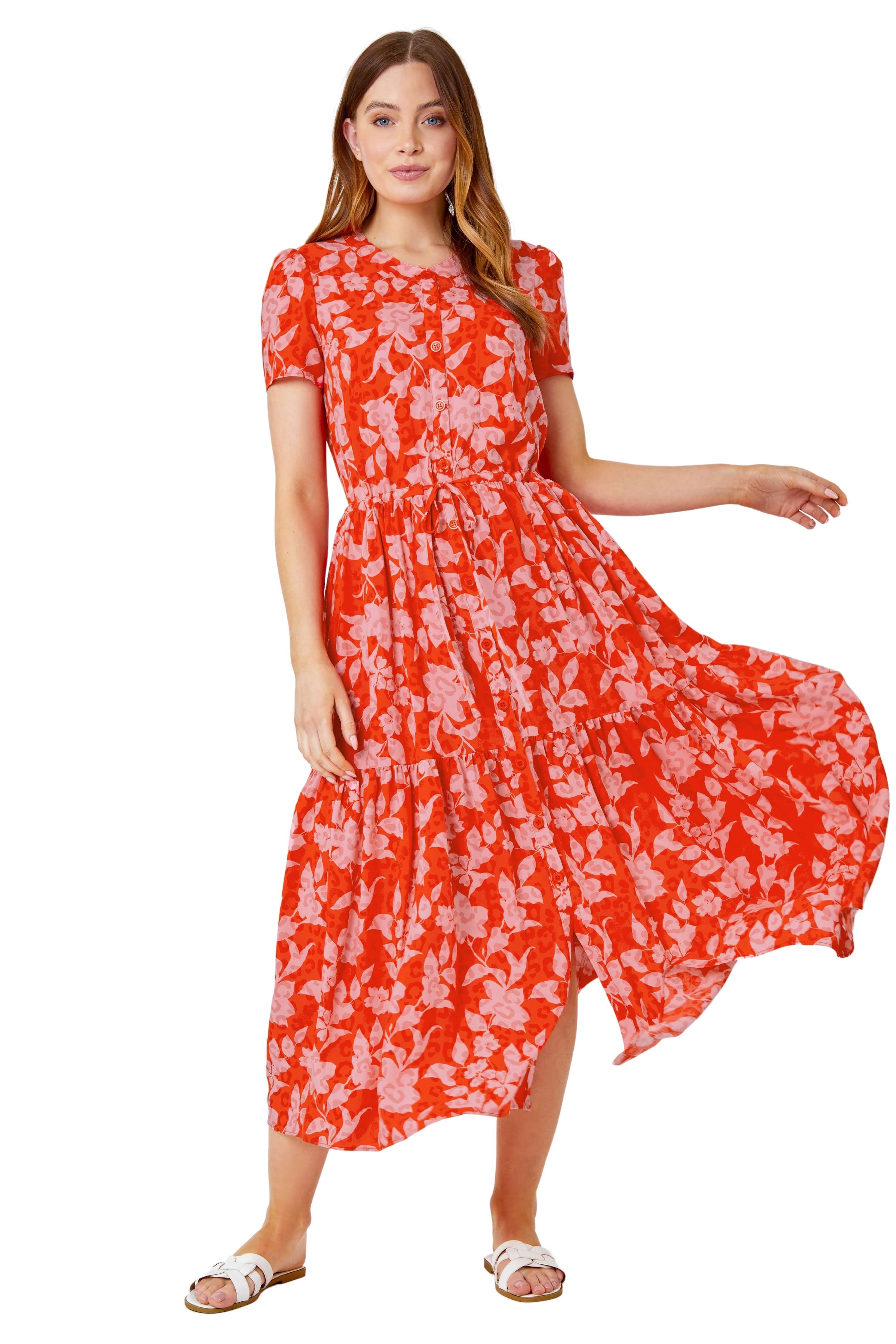 Floral Animal Print Tiered Midi Dress
