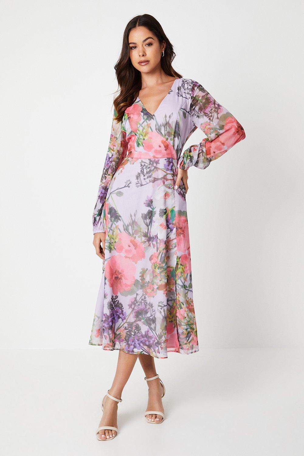 Olive Whisper Floral Shirred Neck Midaxi Dress main image 0