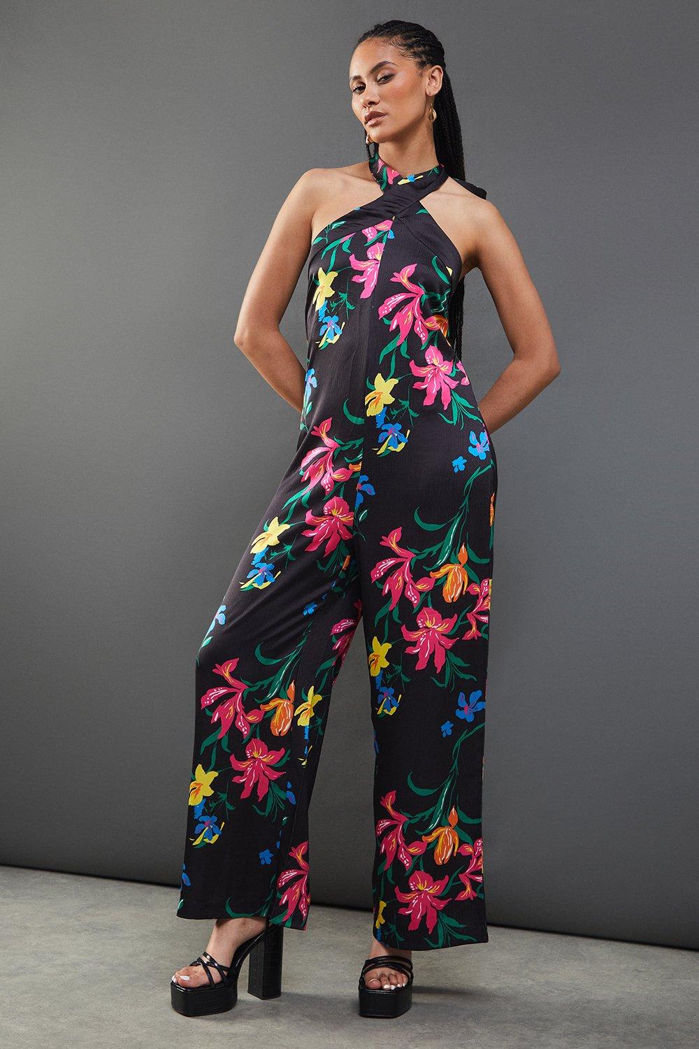 FLORAL HALTERNECK JUMPSUIT WITH OPEN BACK