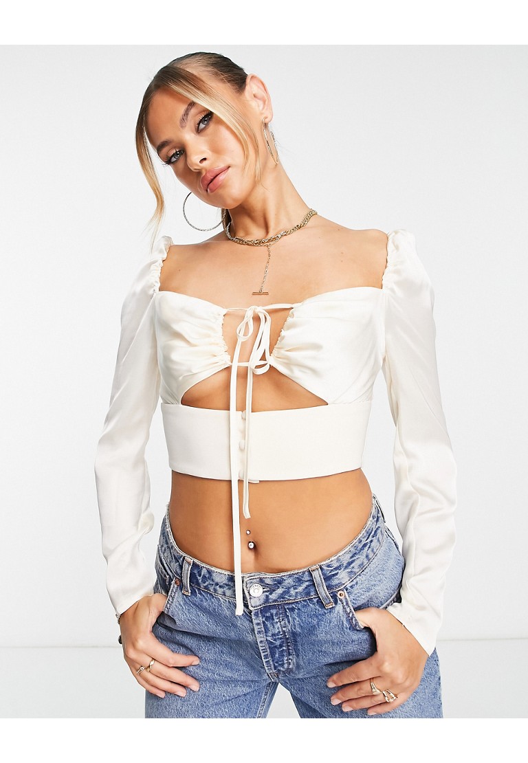 ASOS DESIGN long sleeve ruched front crop top with keyhole in cream-White