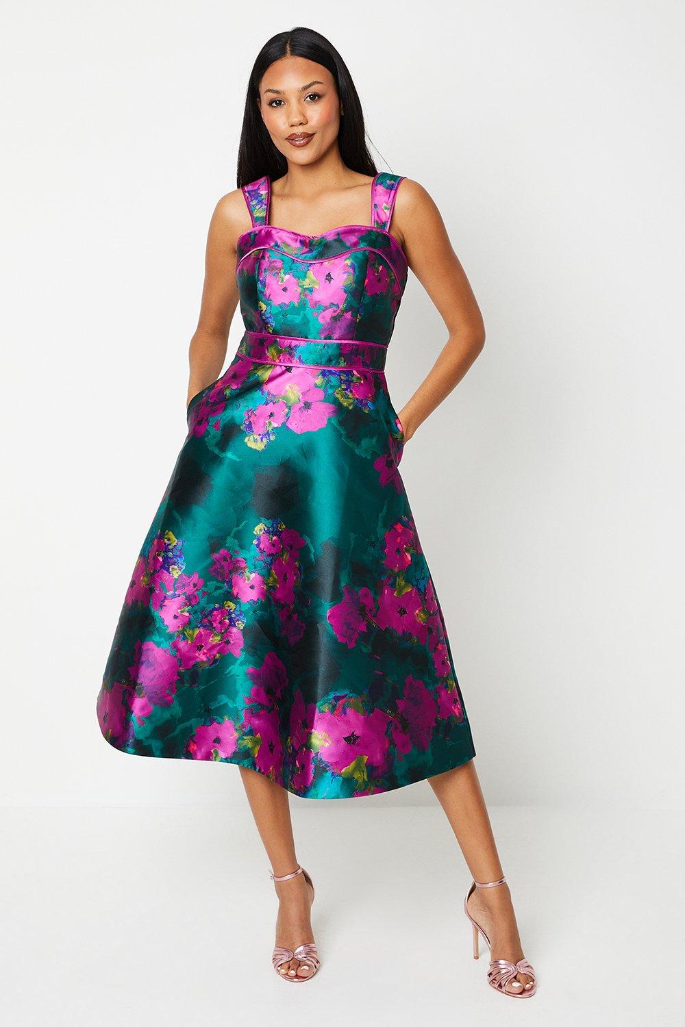 Floral Lace Belt Bodice Midi Dress