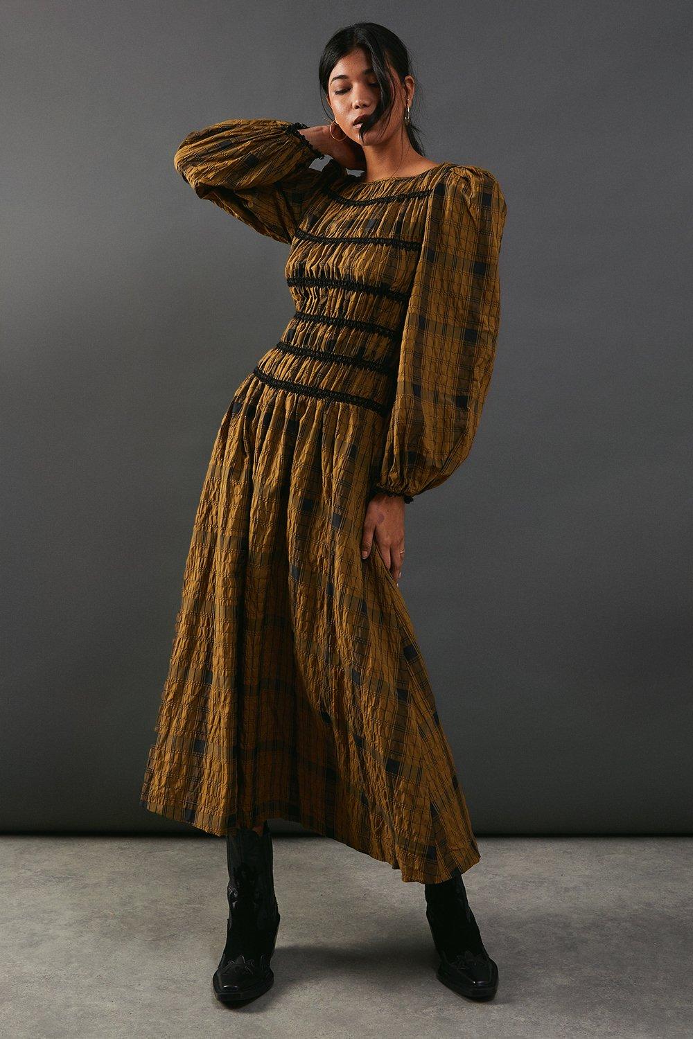 Merlot Shirred High Neck Midaxi Dress