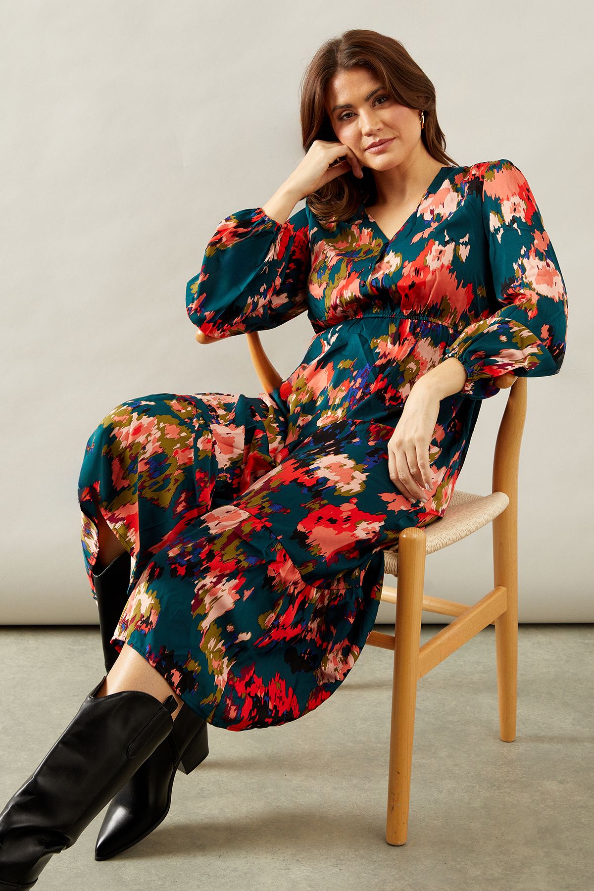 Floral Print Flounce Sleeve Midi Dress