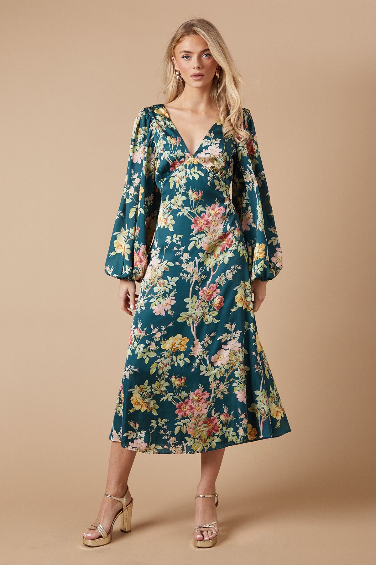 Sapphire Whisper Floral Shirred Neck Midaxi Dress