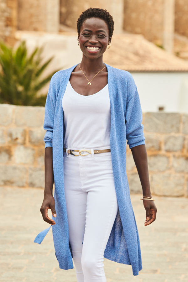 Long blue 2025 cardigan outfit