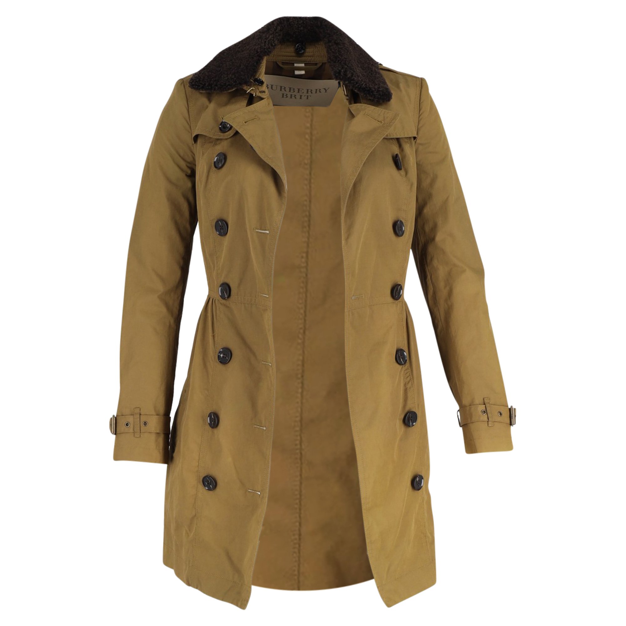 Burberry Brit Trenchcoat mit langem Schaffellkragen aus olivfarbenem Baumwollstoff