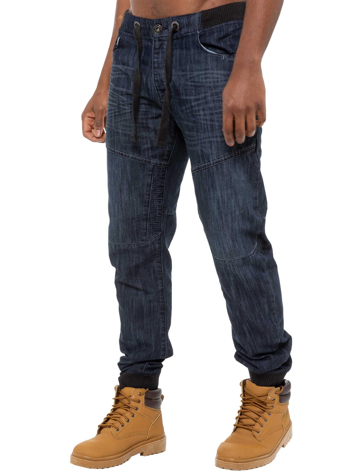 Enzo Mens Denim Cuffed Jogger Jeans Dark Blue