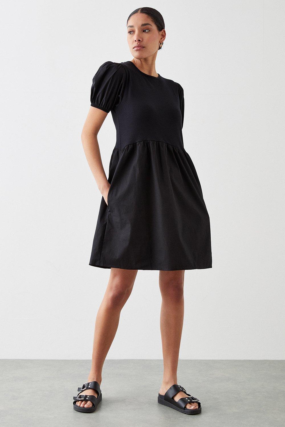 Poplin Jersey Mix Smock Mini Dress