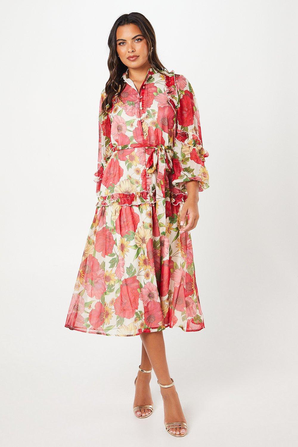 Printed Chiffon Fitted Waist Floral Dress main image 0