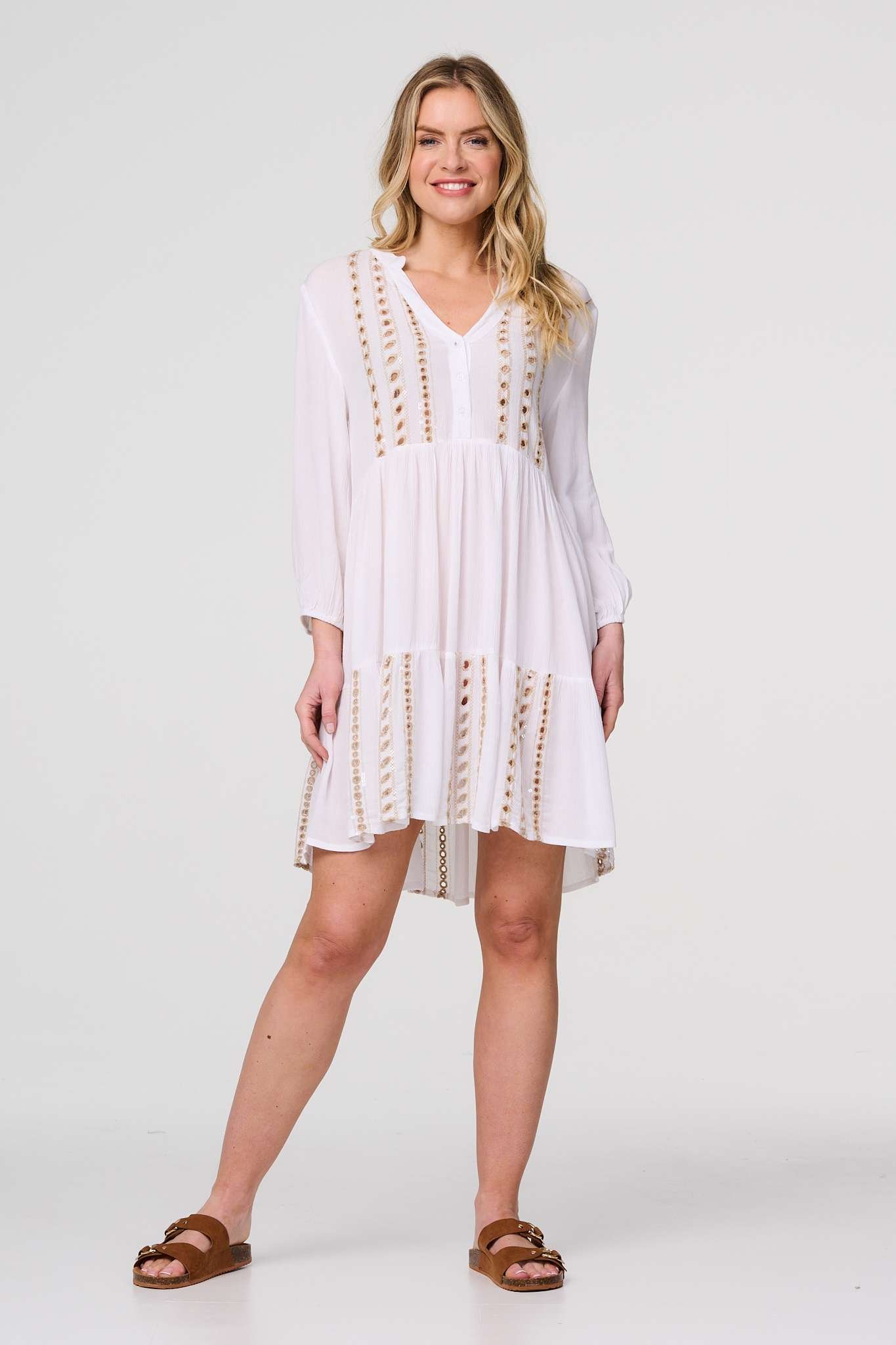 White Embroidered V-Neck Tiered Smock Dress