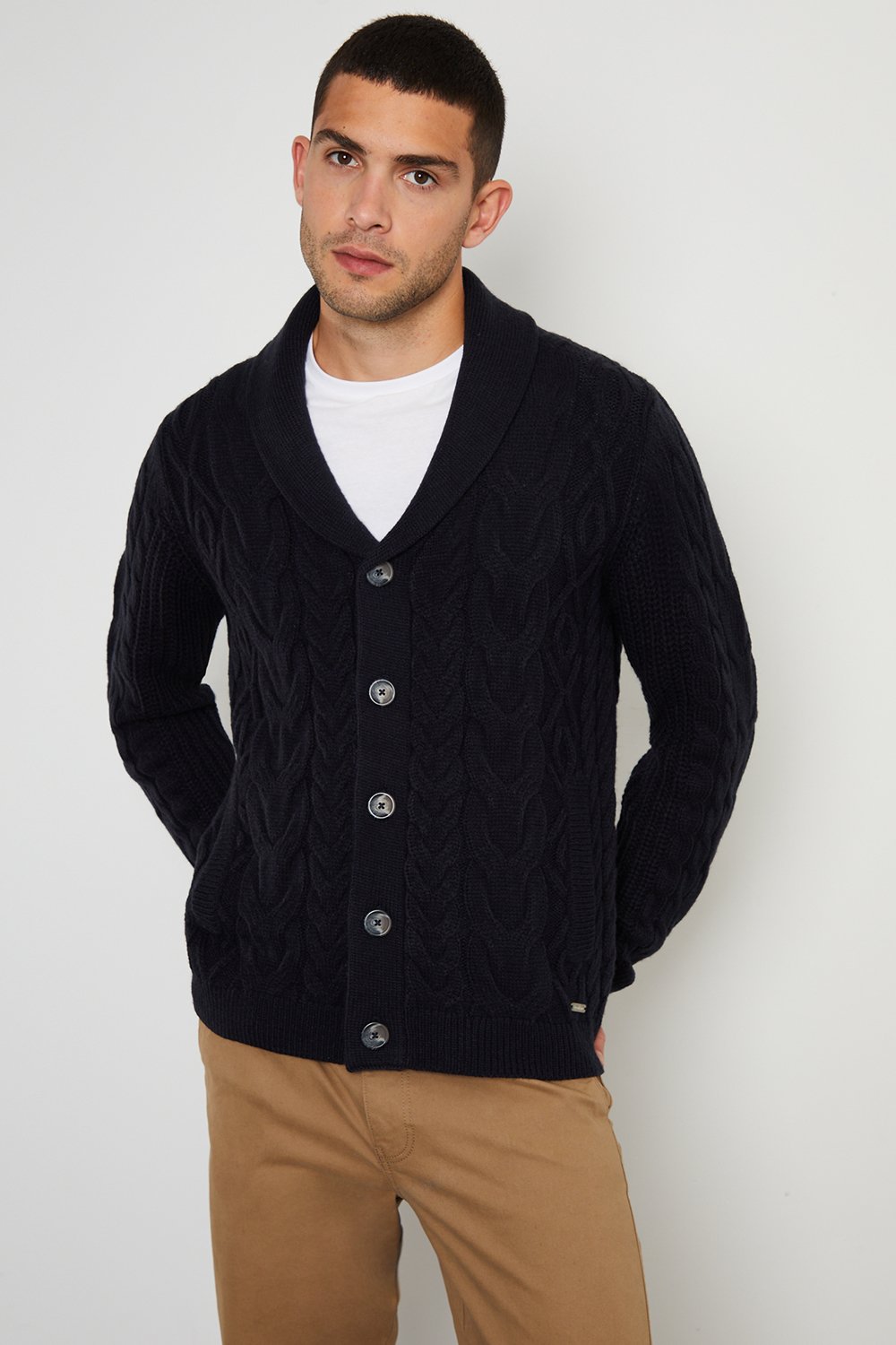 Orb Cable Knit Cardigan With A Hood Navy main image 0