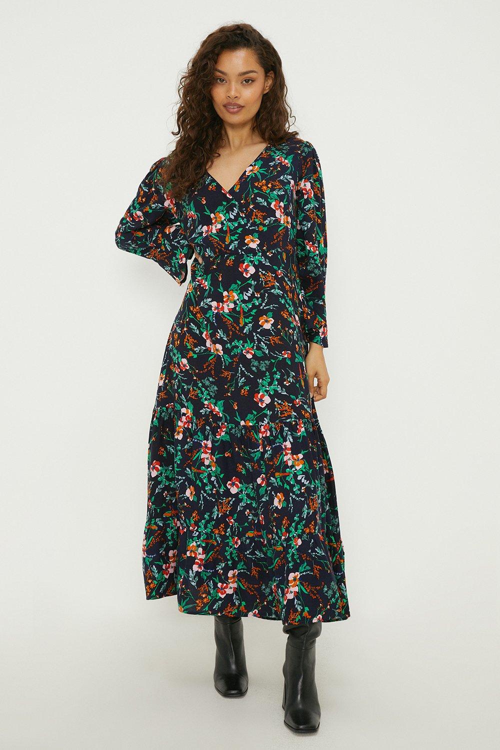 Elegant Red Floral Print V-Neck Short Sleeve Midi Dress