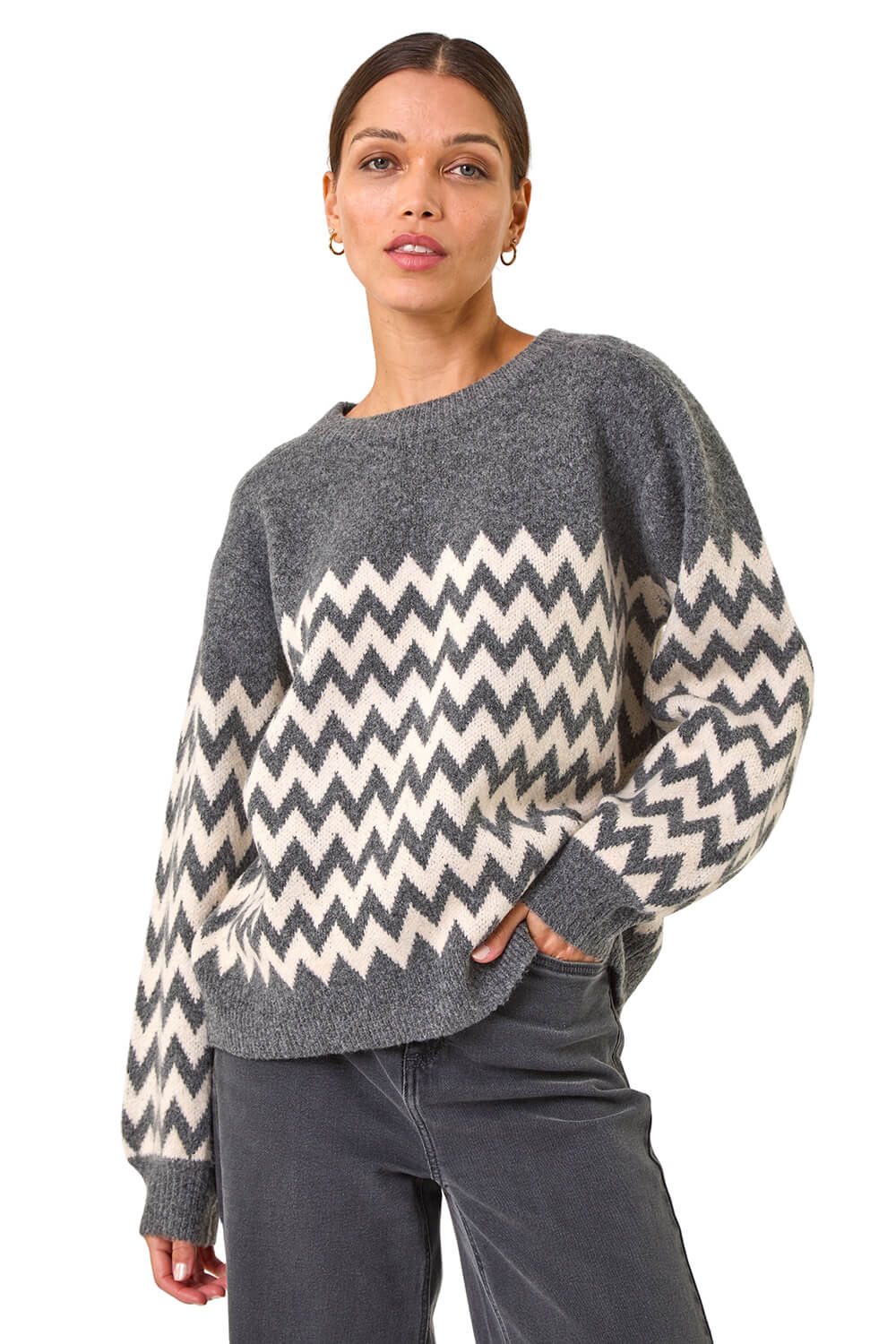 Vintage 80s 90s Cream Grey Alpaca Zig-Zag Patterned Knitted Jumper S M
