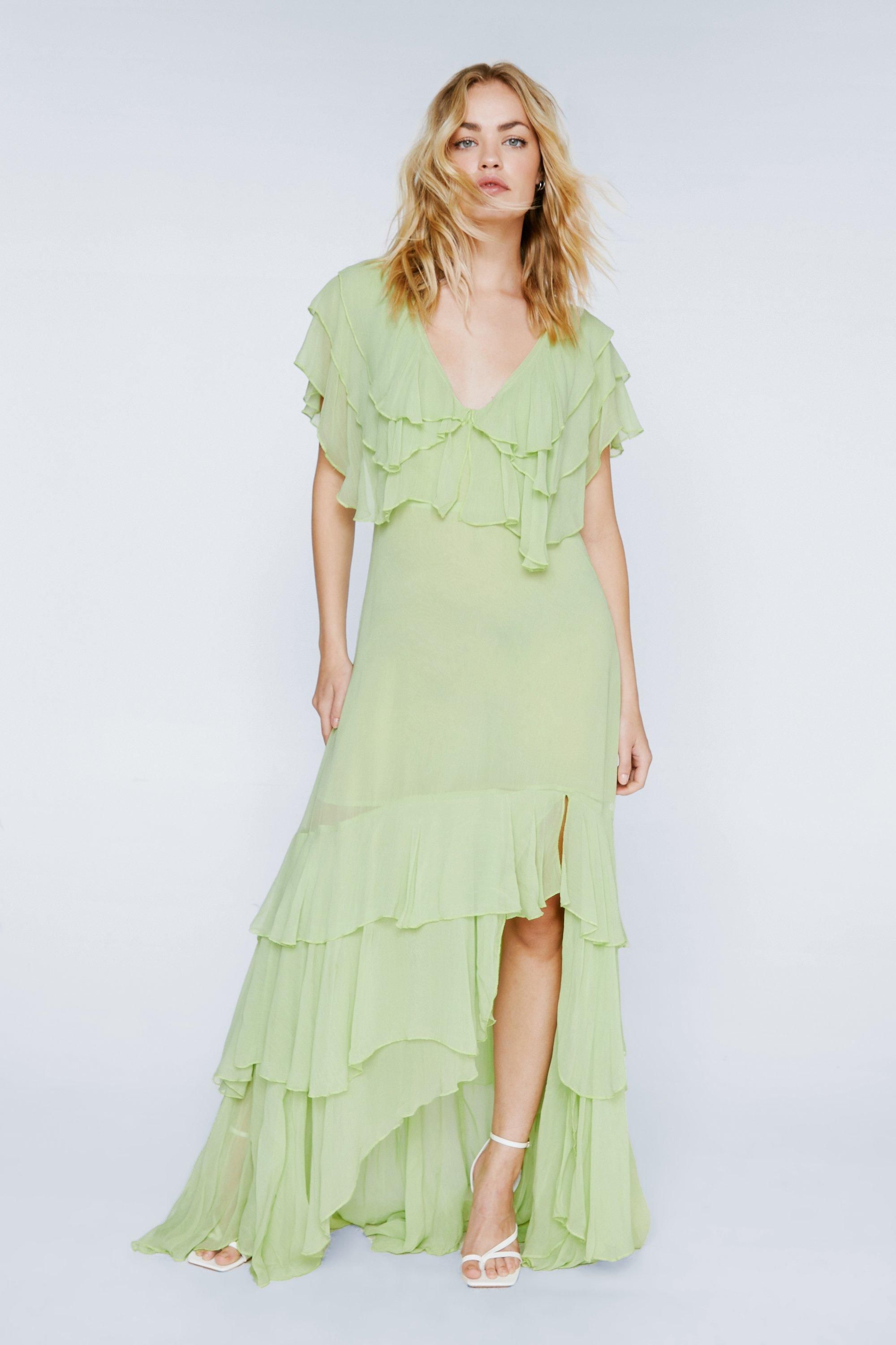 Ruffle Layer Plunge Maxi Dress
