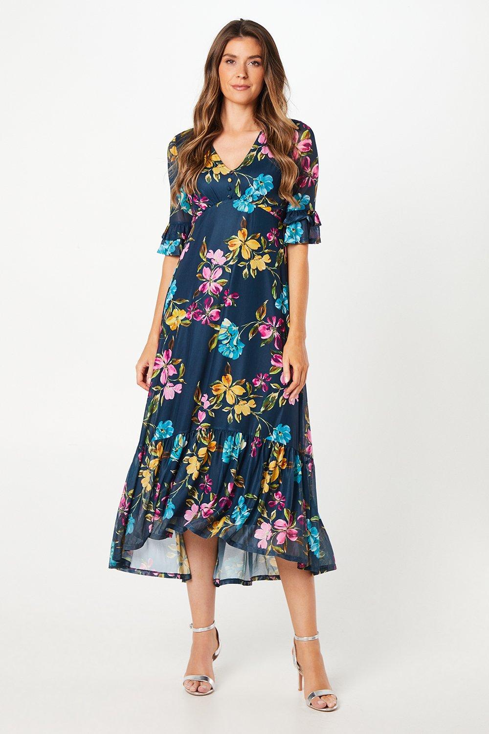 Sapphire Whisper Floral Shirred Neck Midaxi Dress main image 1
