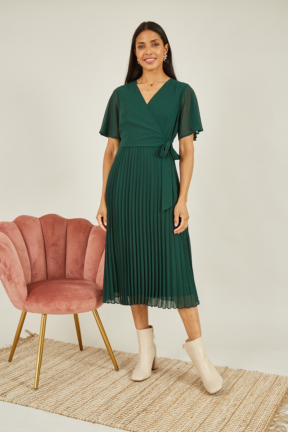 Multi-Colour Pleated Midi Dress With Adjustable Waist In Green