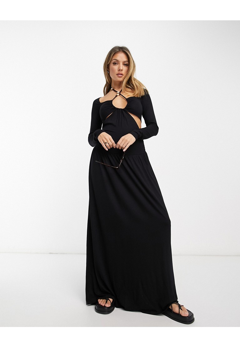 ASOS DESIGN maxi dress with cut out detail and tie neck with beaded ...