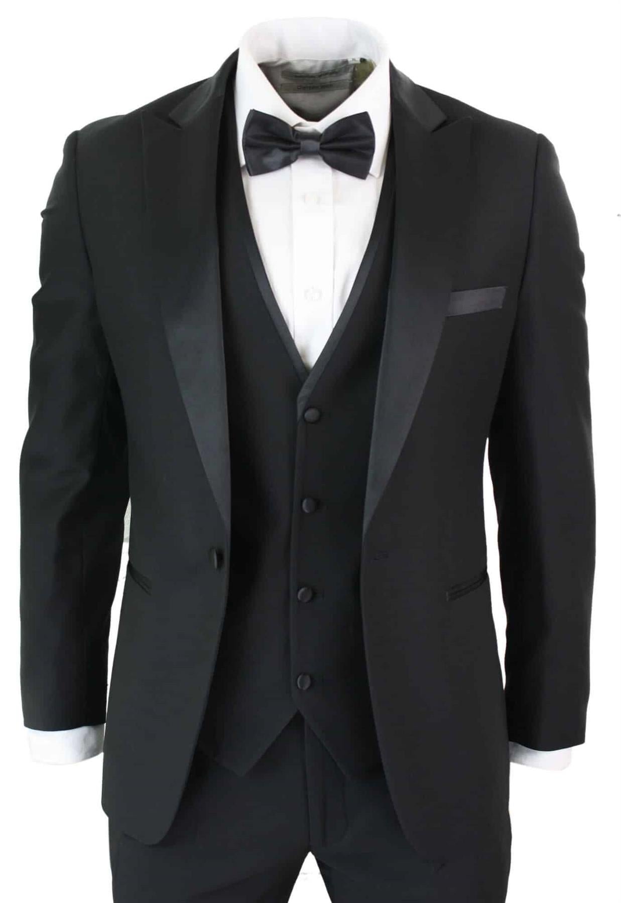 Mens 3 Piece Black Tuxedo Suit Classic Satin Dinner Tailored Fit ...