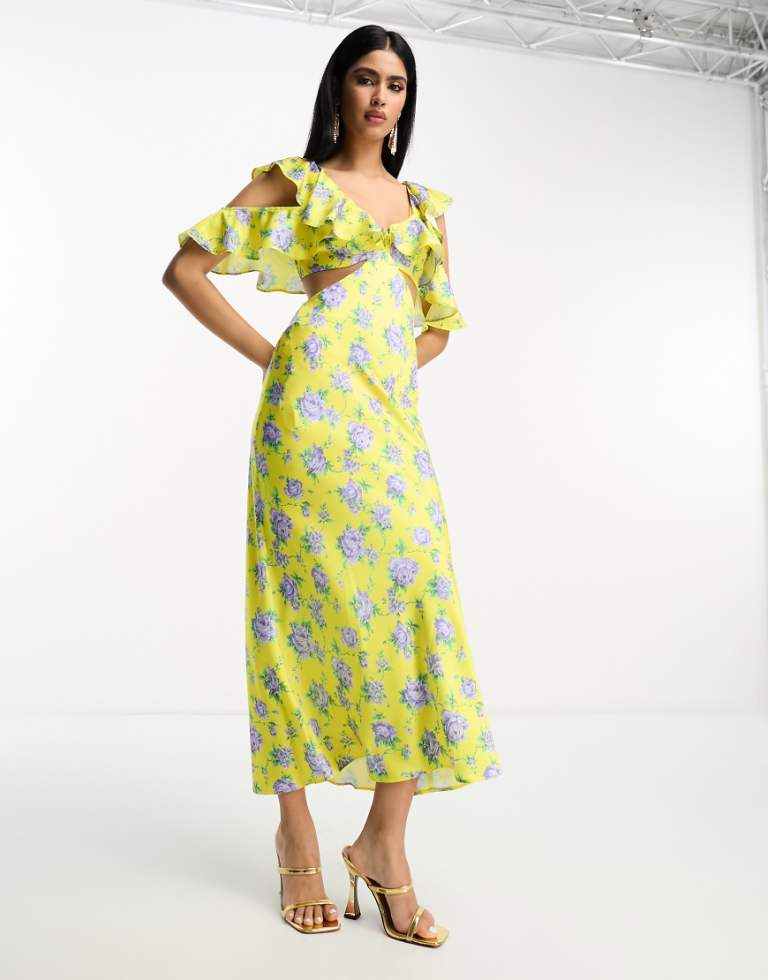 ASOS DESIGN satin midaxi dress with multi flutter sleeves in yellow