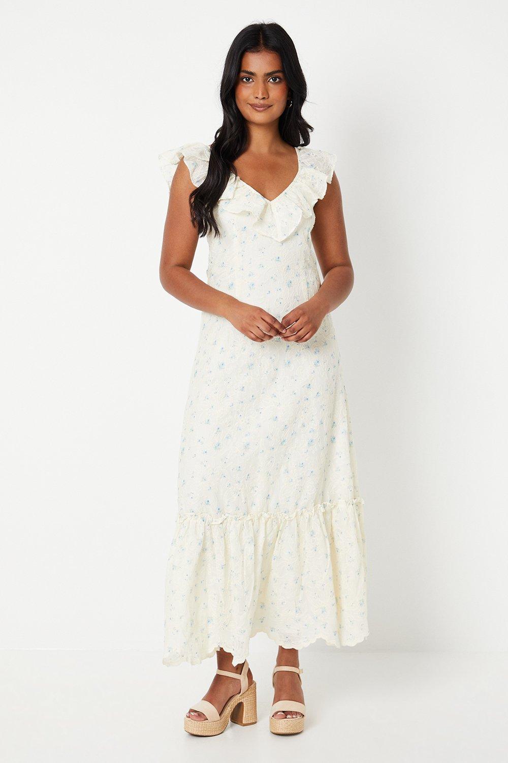 Embroidered Floral Frill Neckline Midaxi Dress