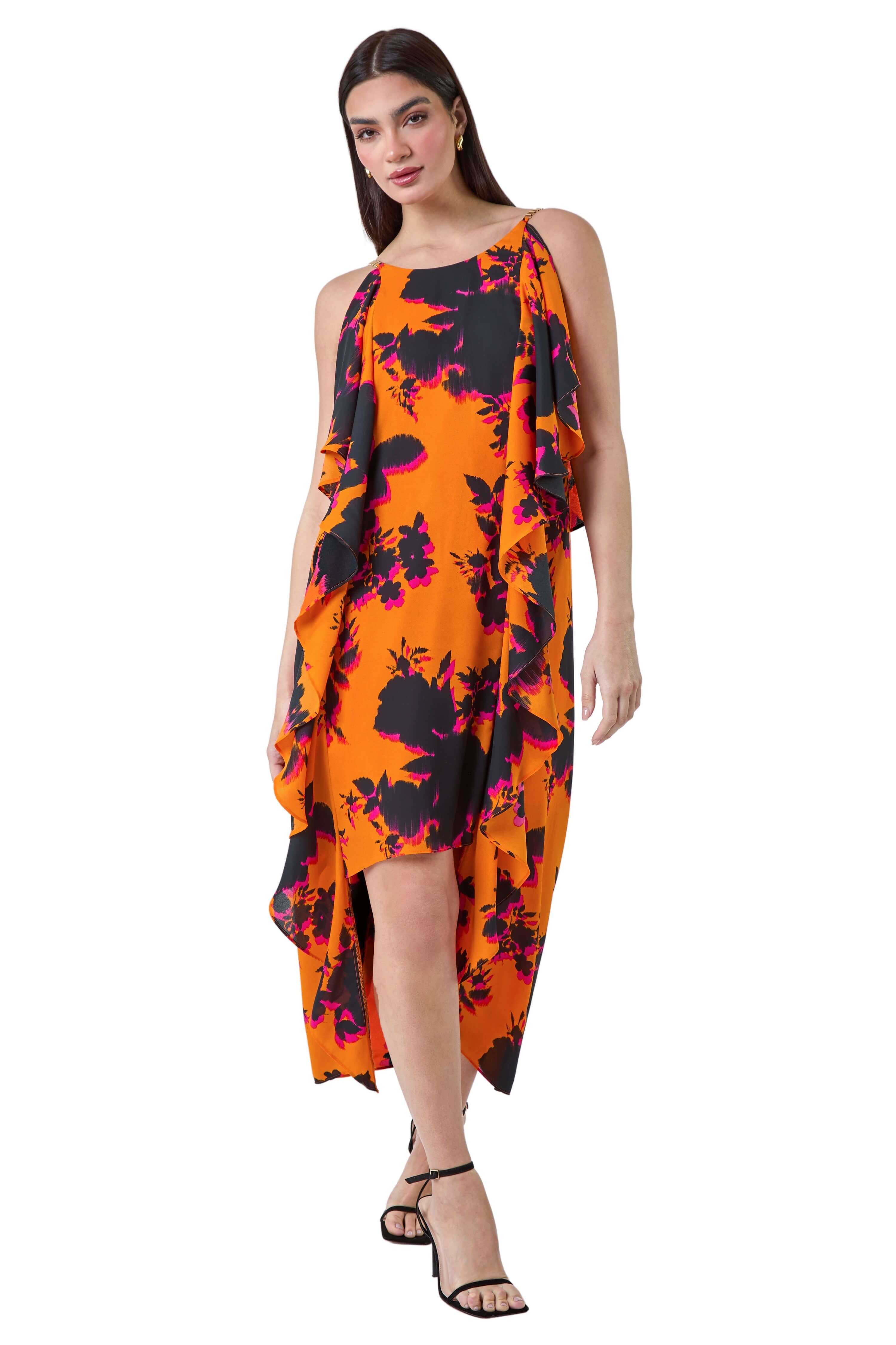 Floral Chiffon Ruffle Detail Midi Dress