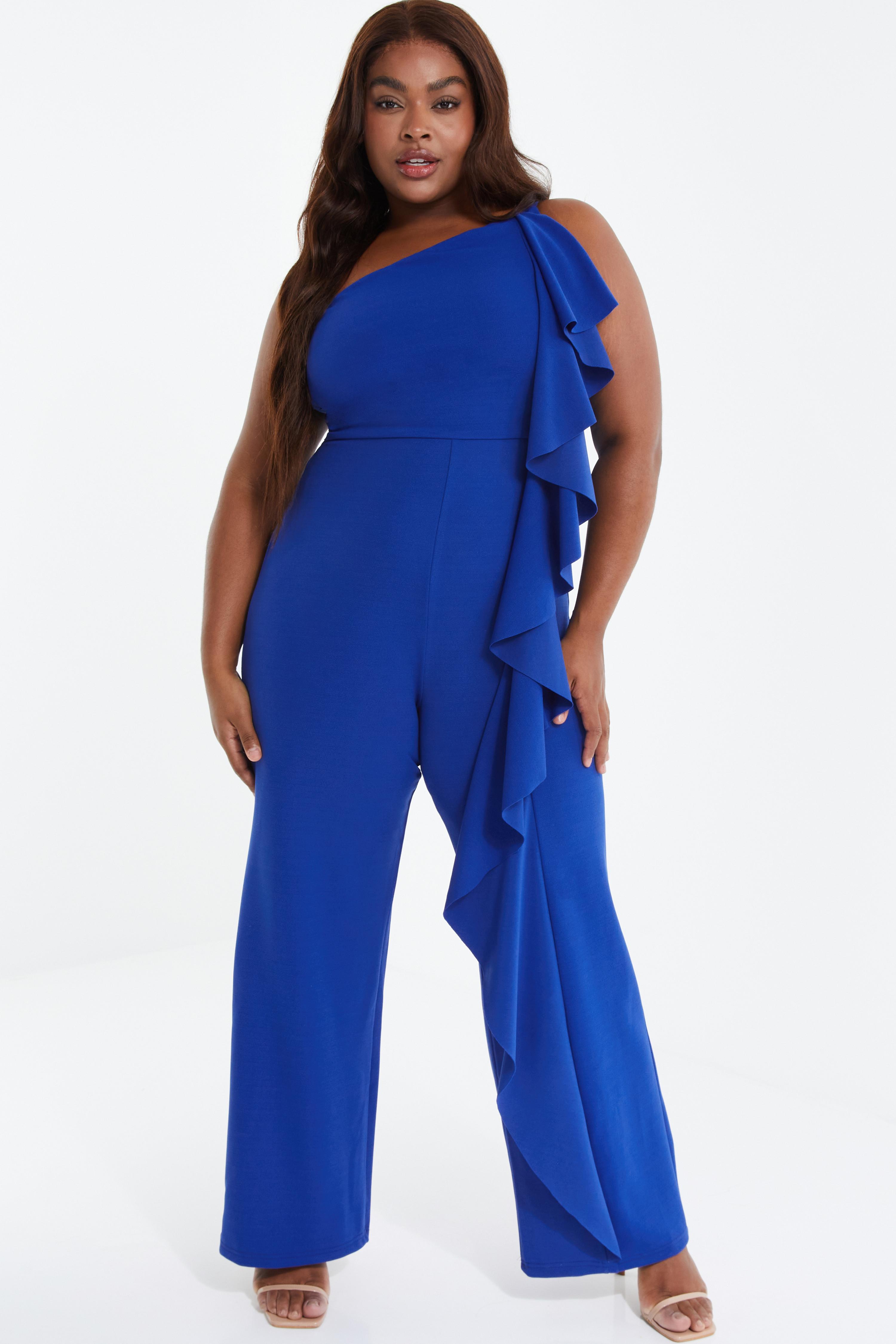 Curve Royal Blue One Shoulder Frill Palazzo Jumpsuit