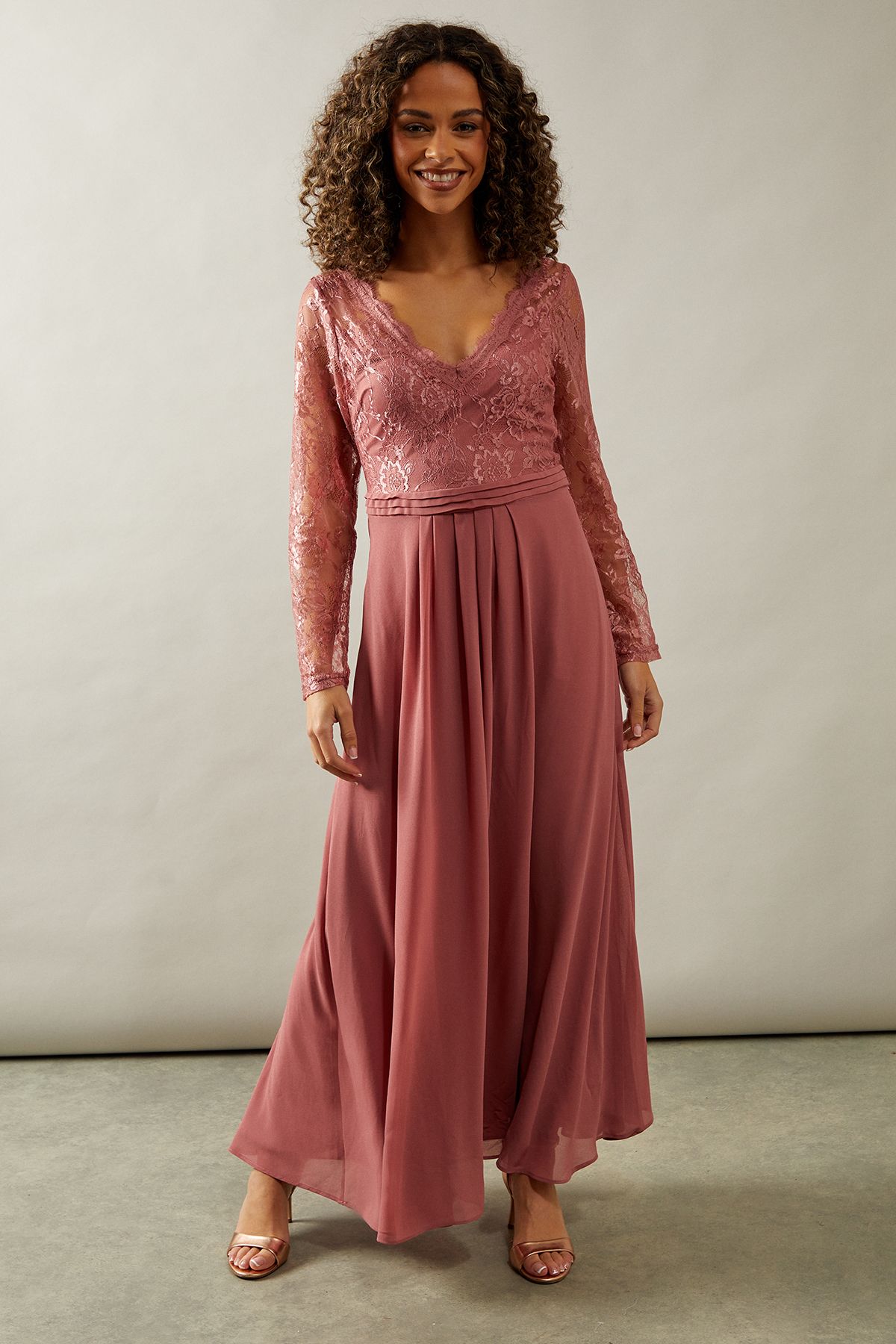 Long Cap Sleeves Chiffon Dress with Lace Top Dusty Rose main image 1