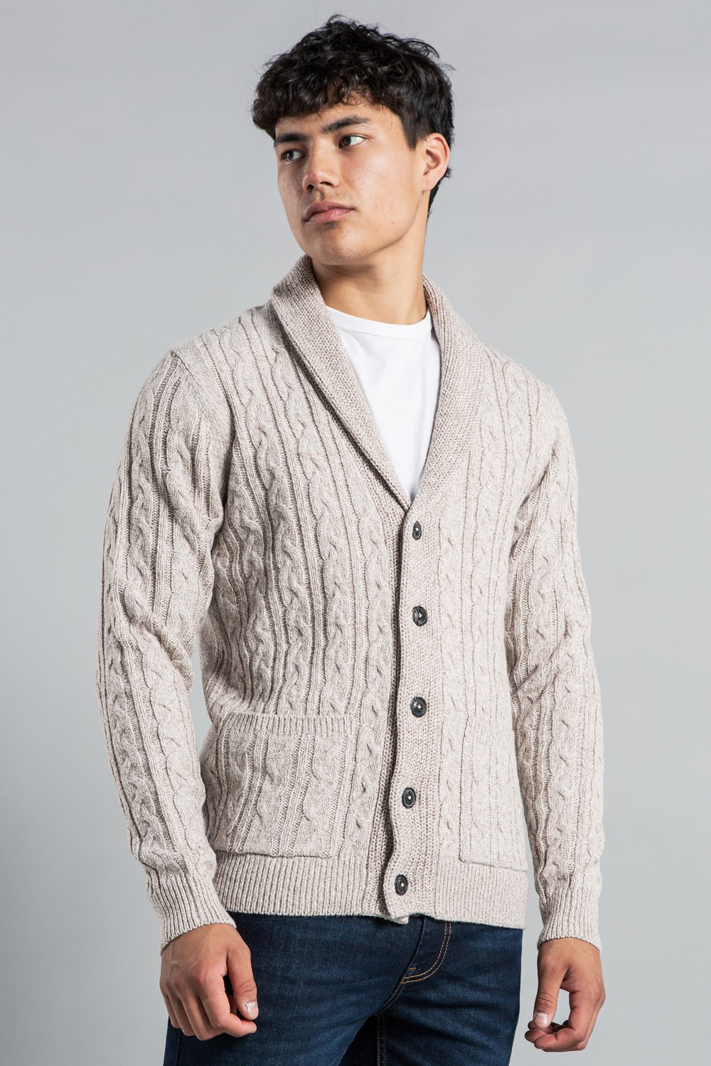 shawl neck cable knit cardigan