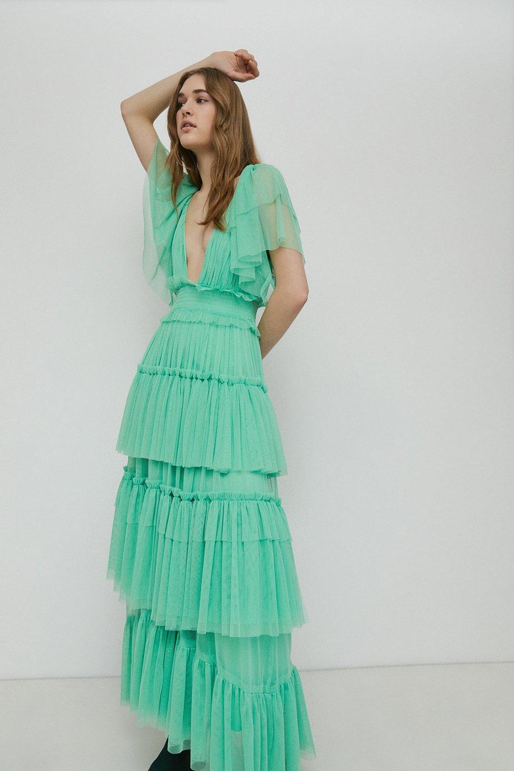 Stone Print V-Neck Tulle Maxi Dress with Lining main image 0