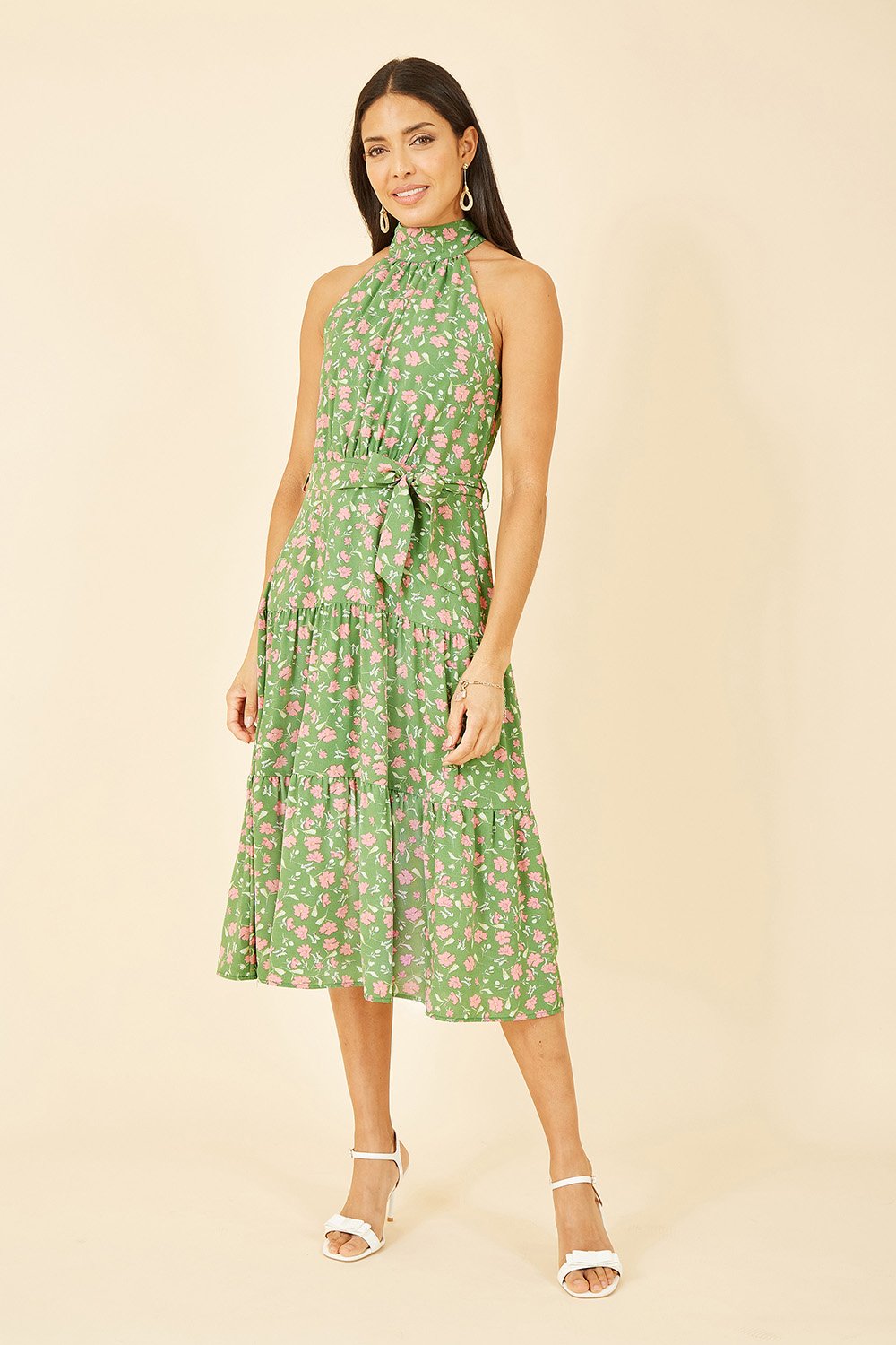 Green Halter Neck Floral Midi Dress — free download
