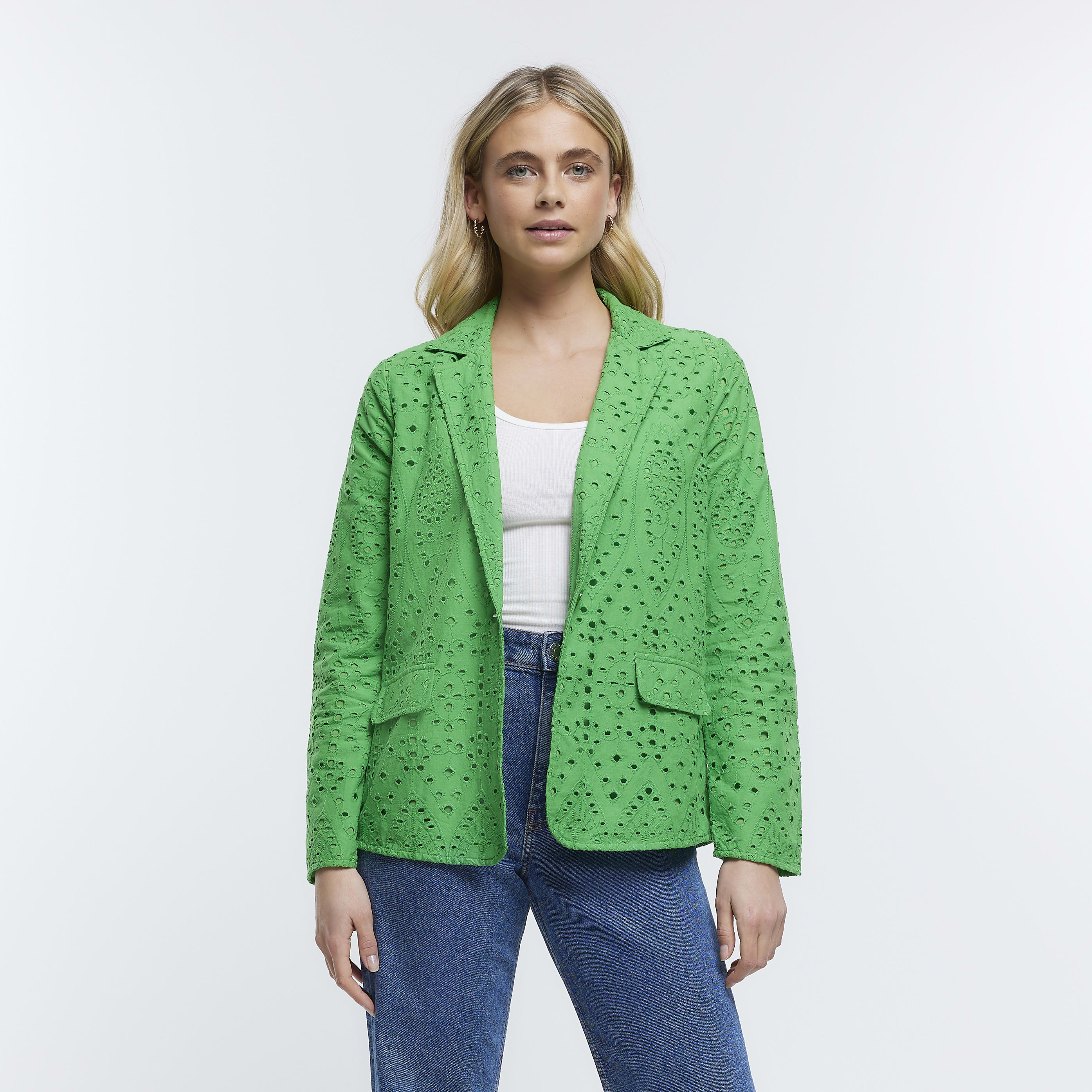 River Island Womens Blazer Green Lined Broderie Collared