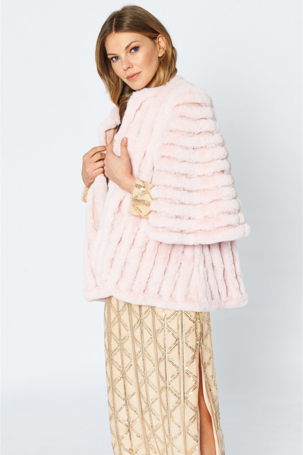 Jayley Pink Faux Fur Coat With Hood Jayley Faux Fur Cape Jacket