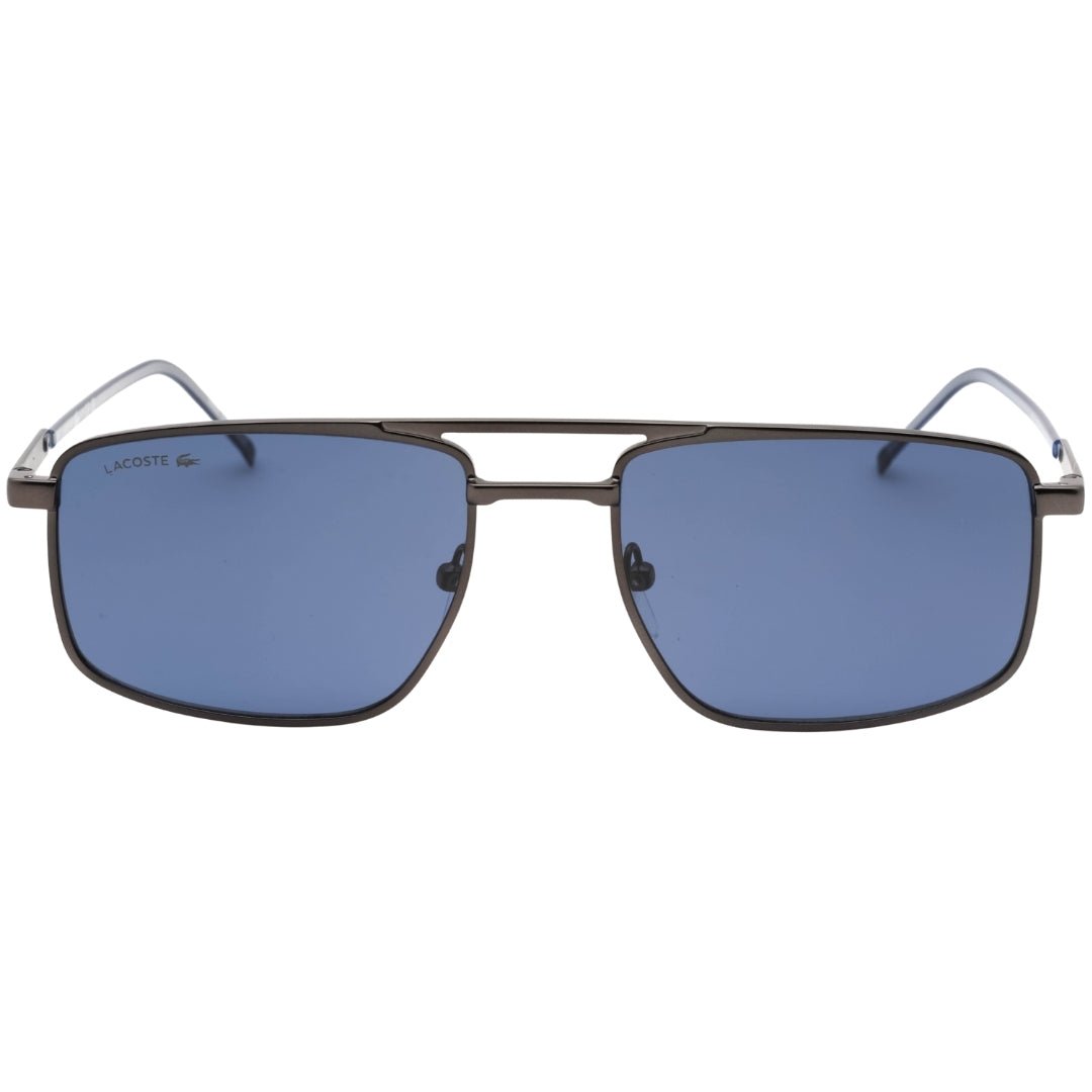 Lacoste mat donkergrijze zonnebril met blauwe lens