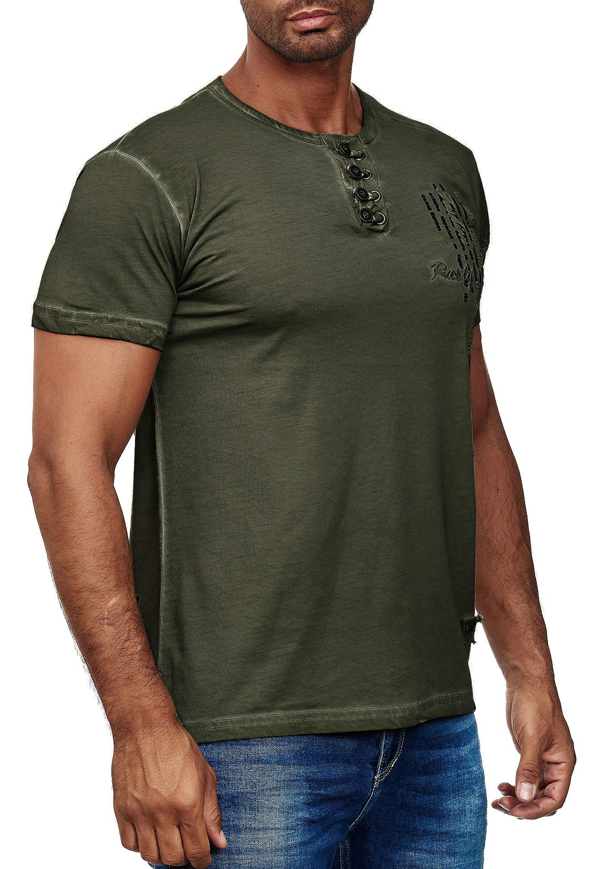 Olie-gewassen T-shirt met knoopsluiting