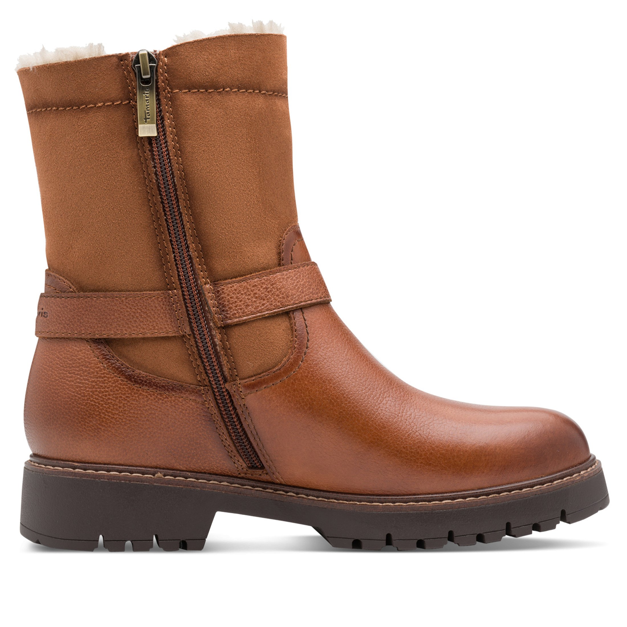 Tamaris Dames Winter Cognac Bruine Leren Gesp Rits Biker Enkellaarsjes