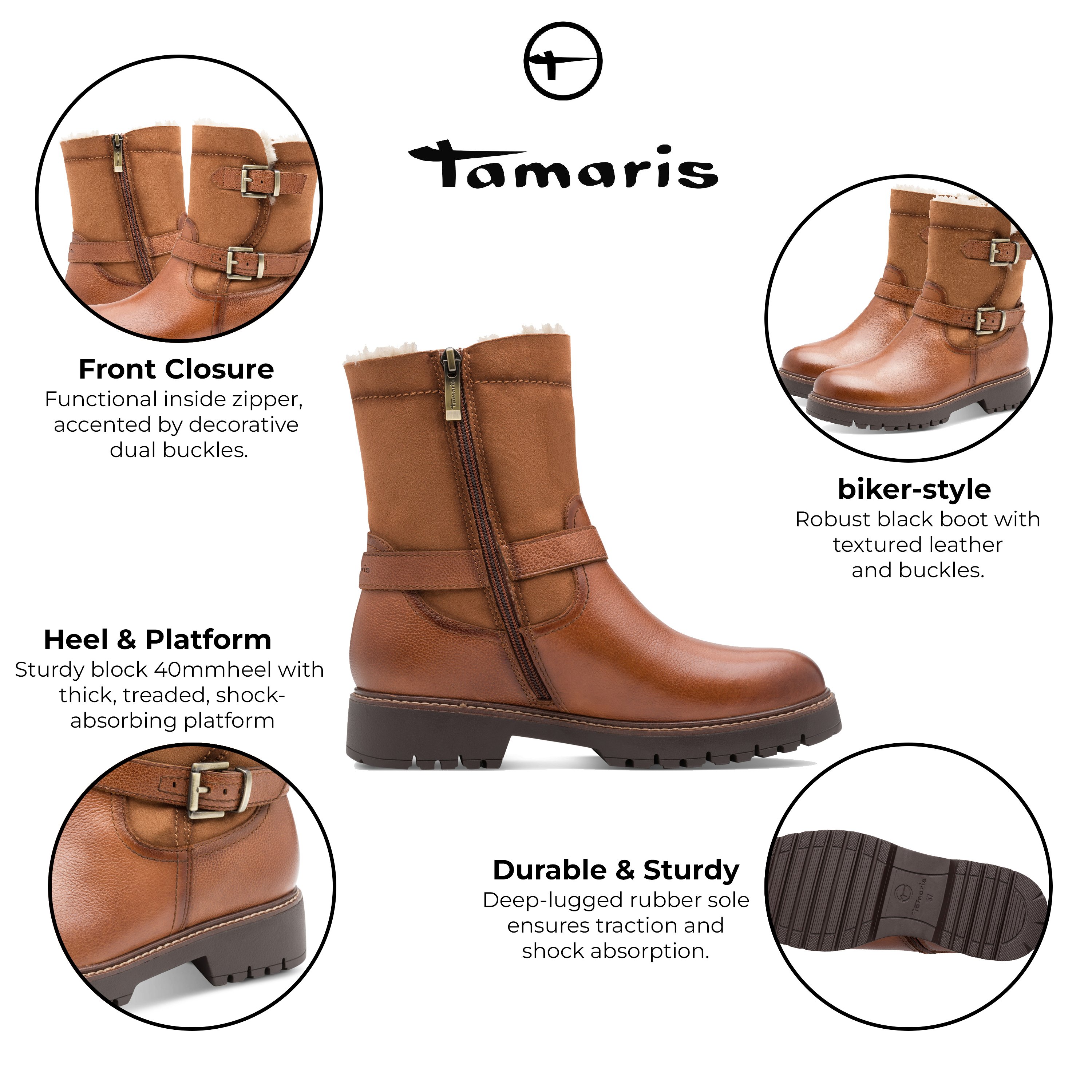 Tamaris Dames Winter Cognac Bruine Leren Gesp Rits Biker Enkellaarsjes
