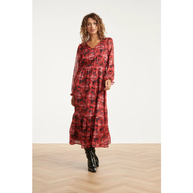 Smashed Lemon Lippenprint chiffon maxi jurk in rood en zwart |