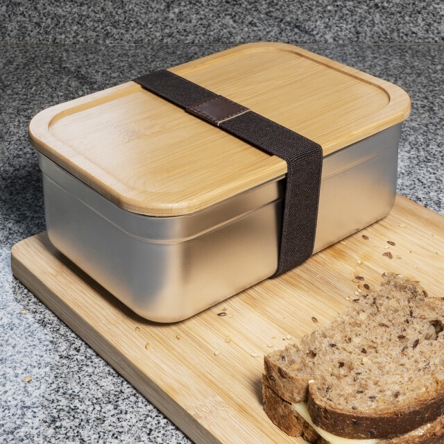 Krumble Lunchbox rvs met houten deksel en elastiek
