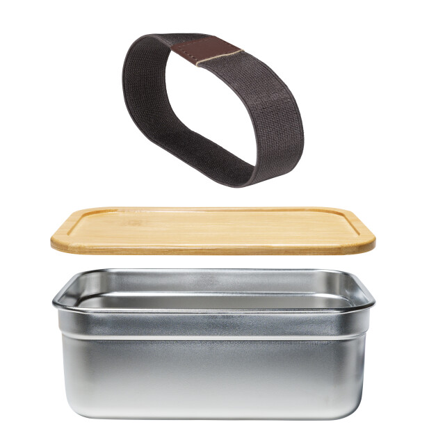 Krumble Lunchbox rvs met houten deksel en elastiek