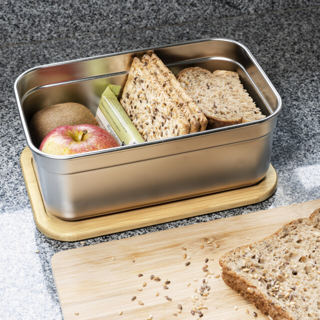 Krumble Lunchbox rvs met houten deksel en elastiek