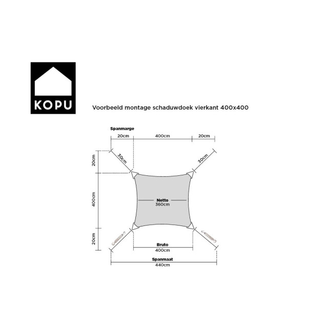 Kopu ® schaduwdoek vierkant 280 gram waterdoorlatend 4x4 m creme